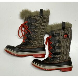 Sorel Waterproof Winter Boots Herringbone Tweed Fur Lined Red Laces Womens 8.5